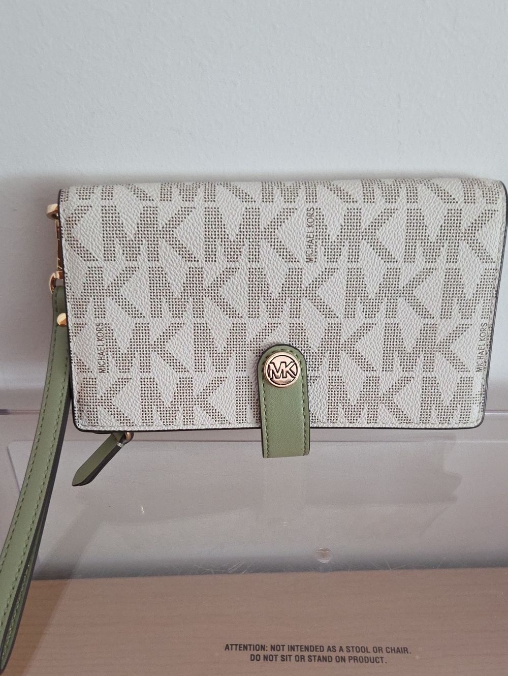 Michael Kors Ivory MK Logo Wristlet w/Olive Trim, Zip Compartment, Snap Closure